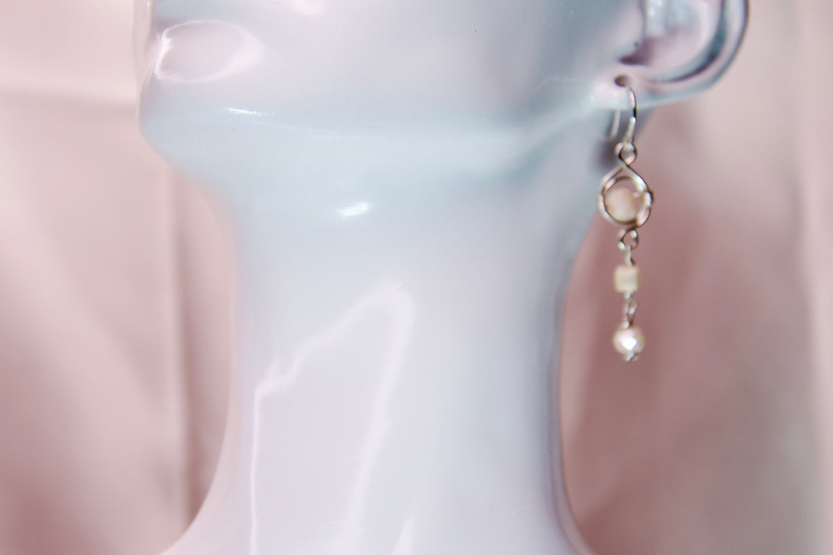 Elegant Ivory Glass Bead Wire-Wrapped Dangle Earrings | Handmade Hypoallergenic Silver Wire Earrings