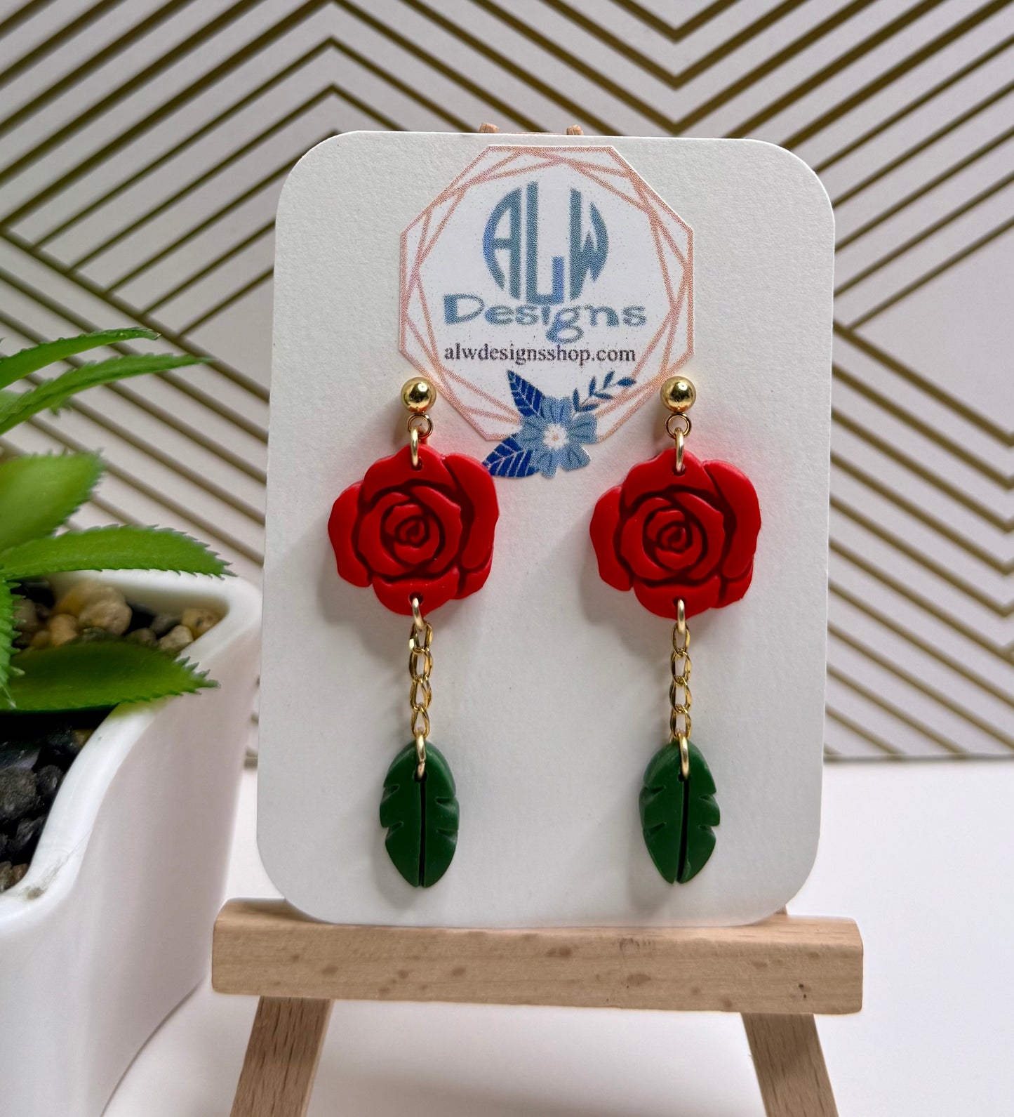Minimal Red Rose Earrings with Leaf Drop – Floral Dangle Earrings