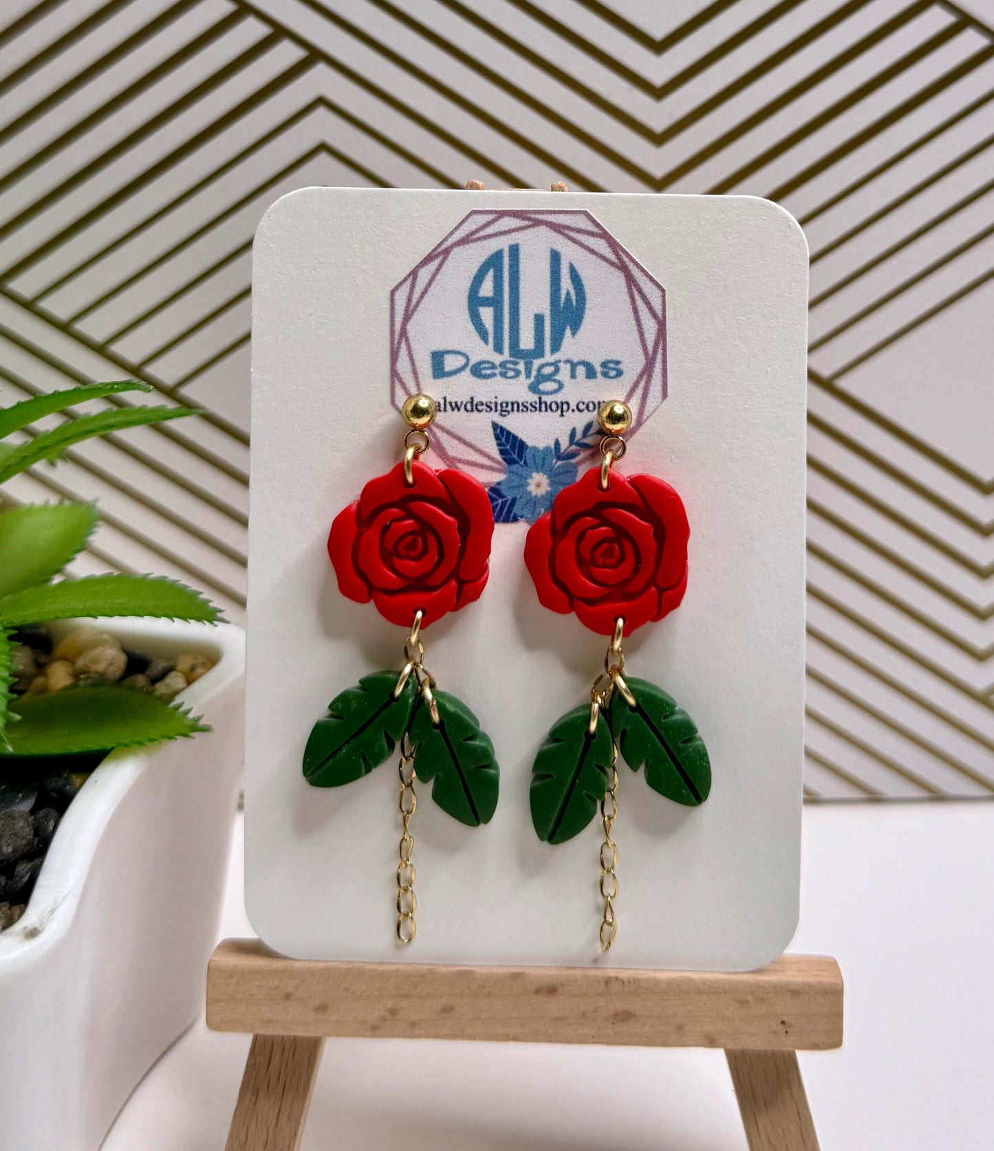 Rose Flower Earrings with Double Green Leaf Dangles – Handmade Polymer Clay Jewelry