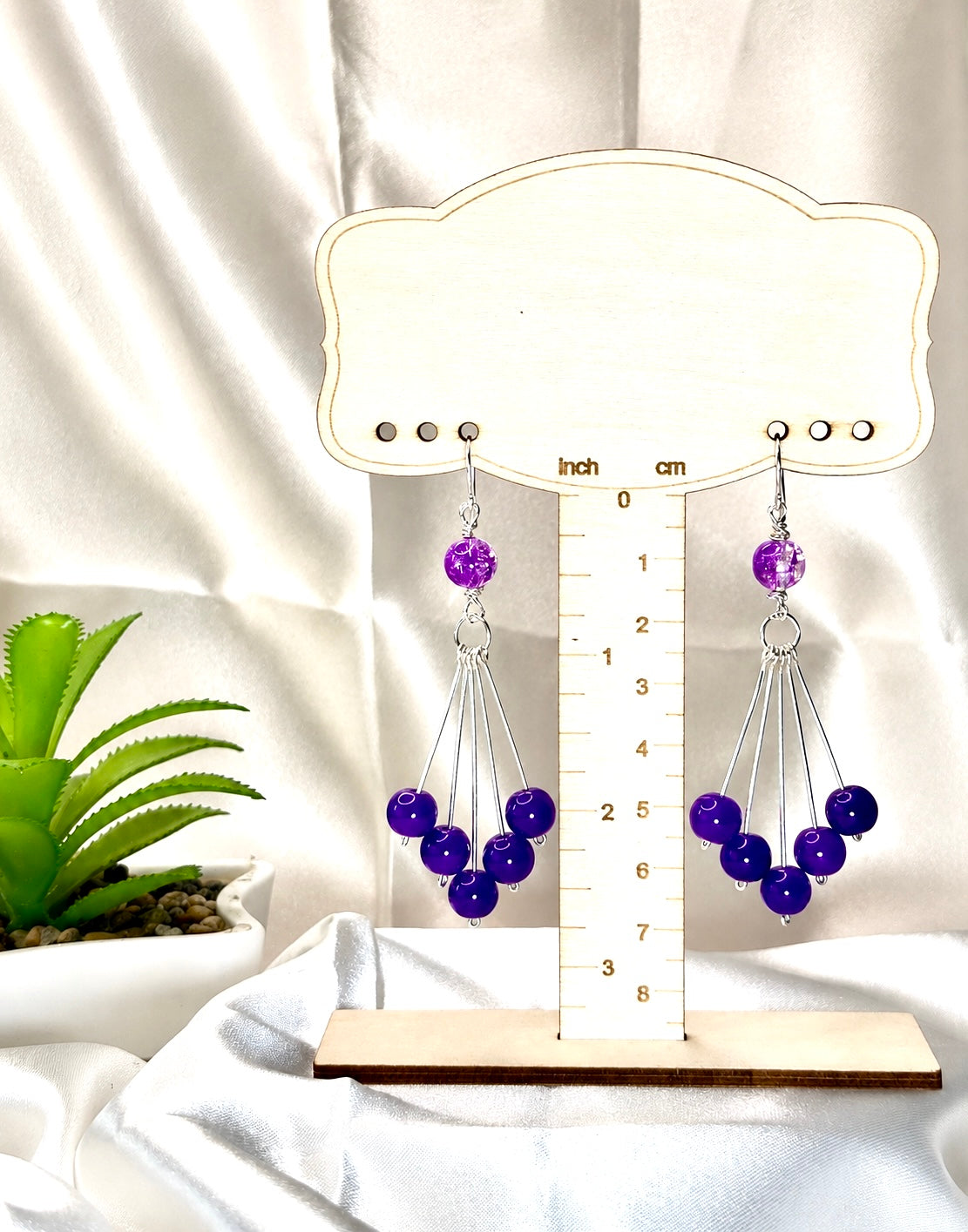 Purple Glass Bead Dangle Earrings | Hypoallergenic Non-Tarnish Silver Wire Earrings | Handmade Statement Jewelry