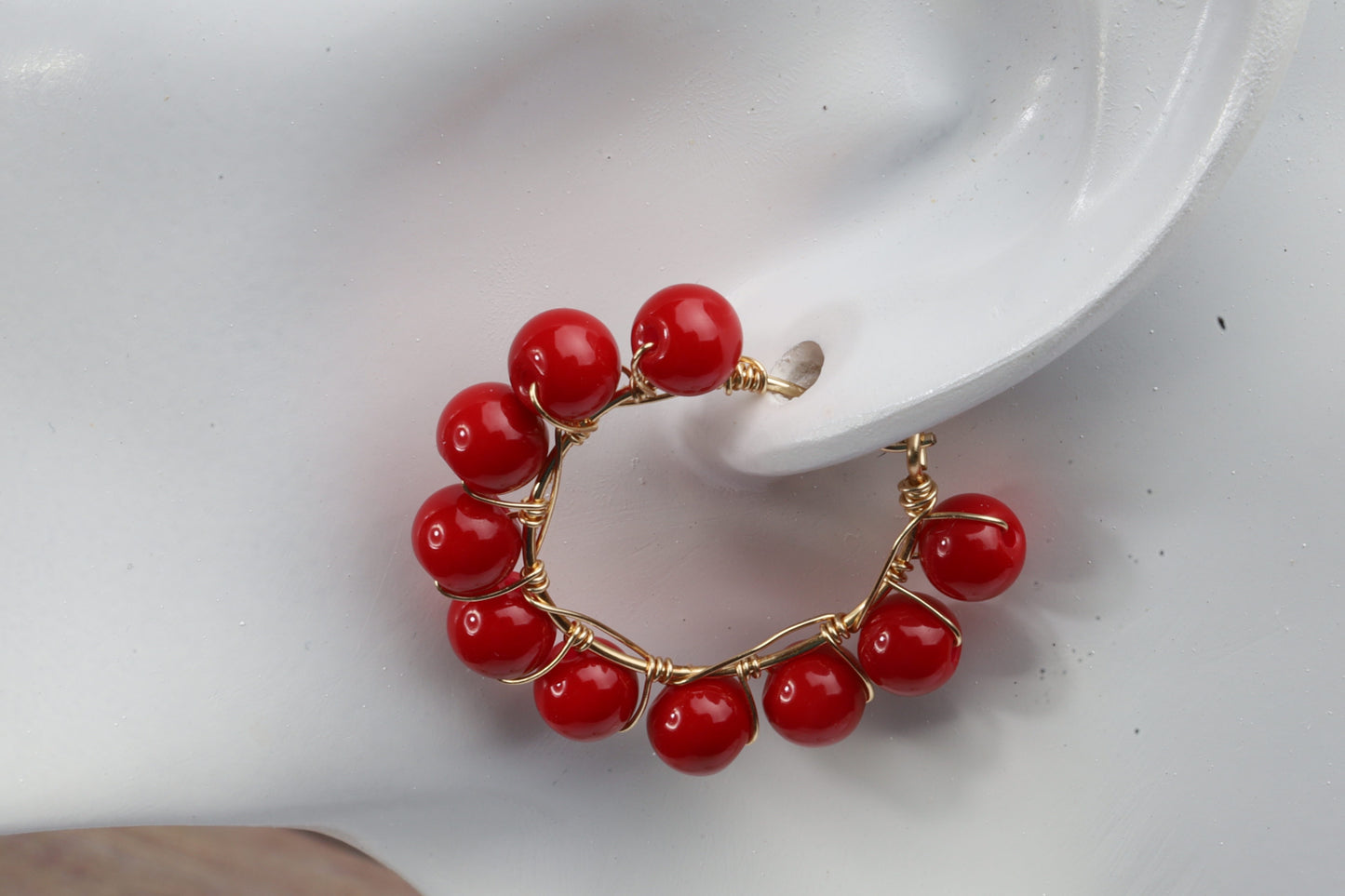 Cherry red beads hoop earrings