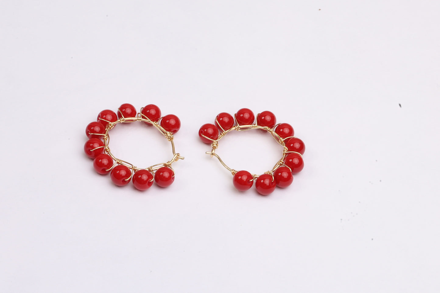 Cherry red beads hoop earrings