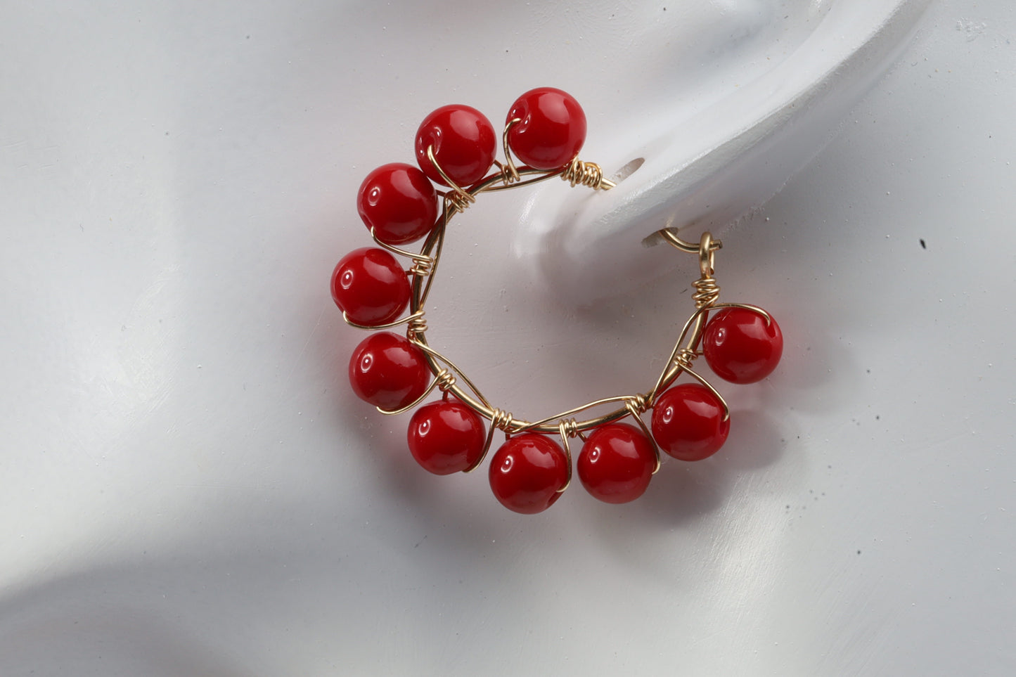 Cherry red beads hoop earrings