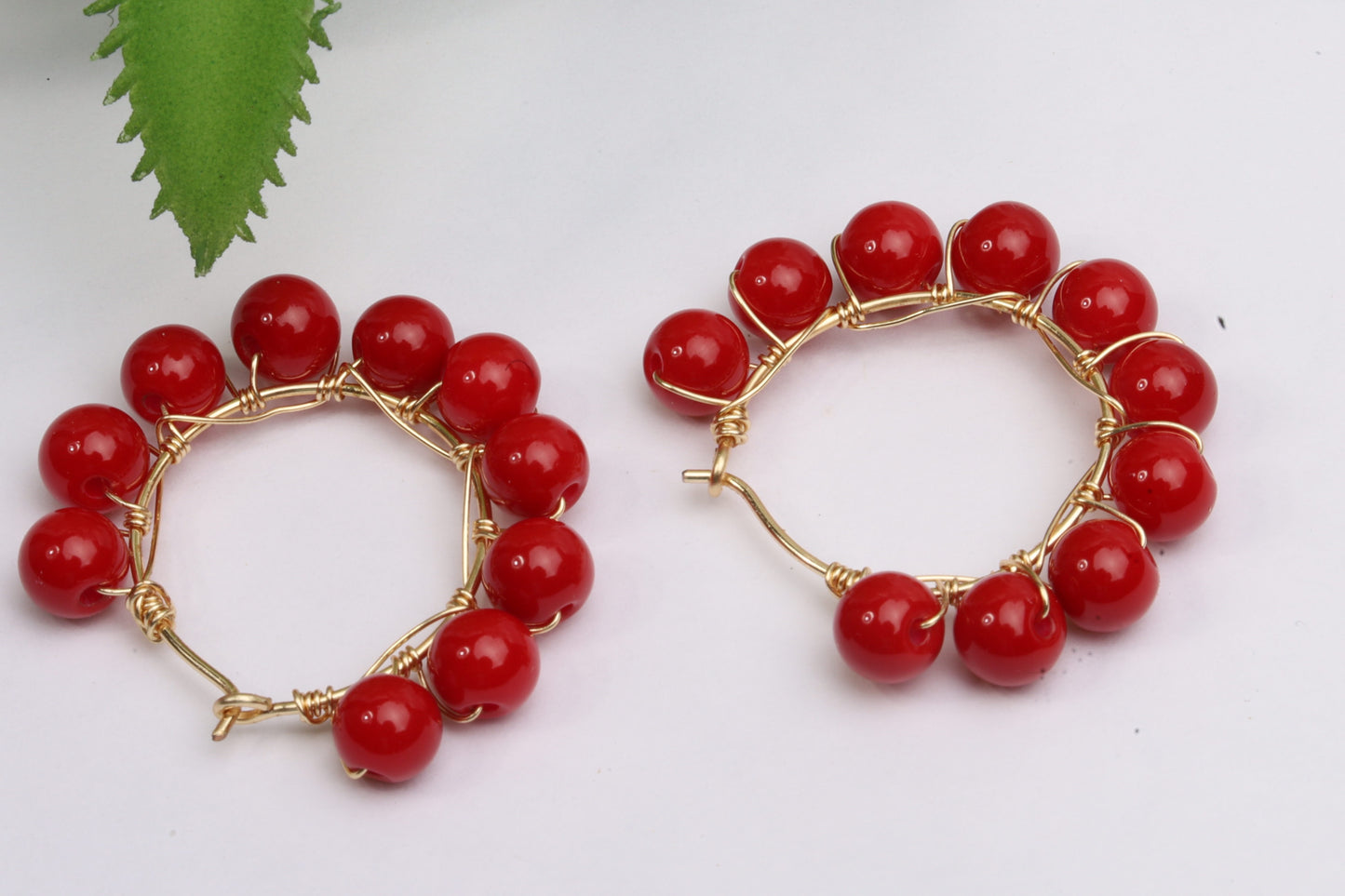 Cherry red beads hoop earrings