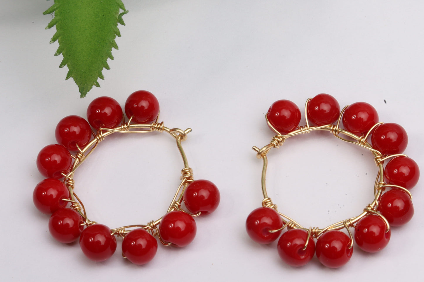 Cherry red beads hoop earrings