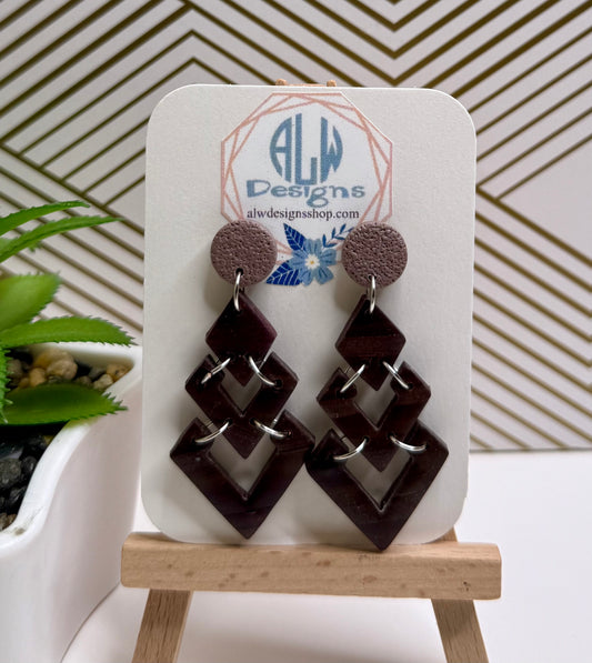 Geometric Layered Diamond Dangles – Deep Plum & Mauve Textured Clay Earrings