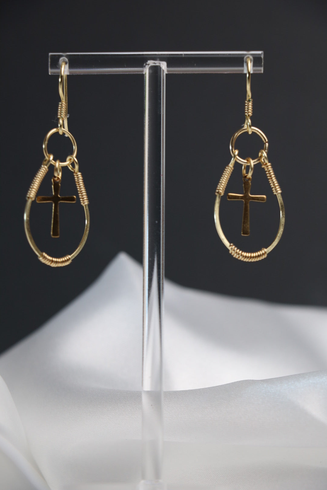 Golden Faith Wire-Wrapped Cross Earrings