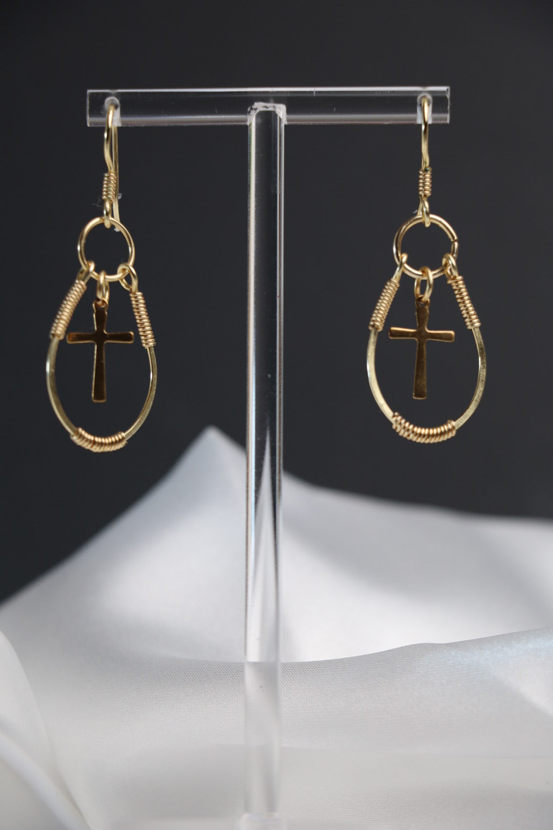 Golden Faith Wire-Wrapped Cross Earrings