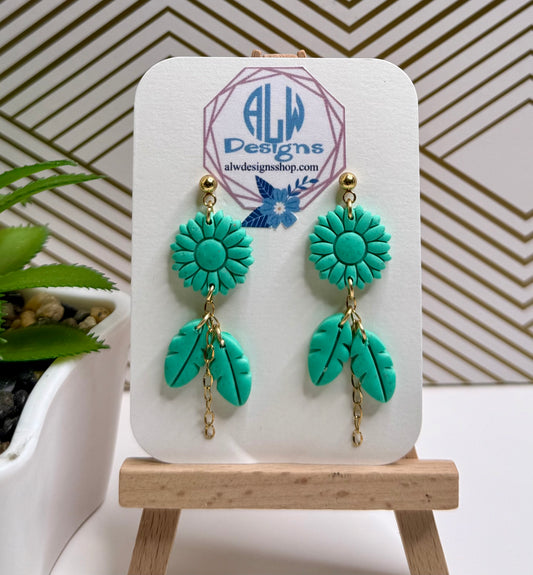 Teal Sunflower Earrings with Double Leaf Dangles – Handmade Floral Jewelry