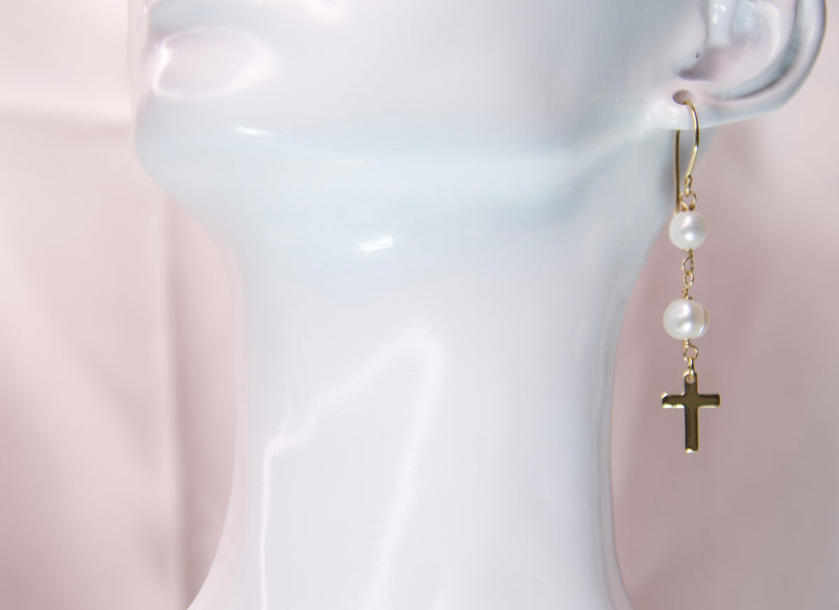 Faithful Cultured Pearl Cross Dangle Earrings