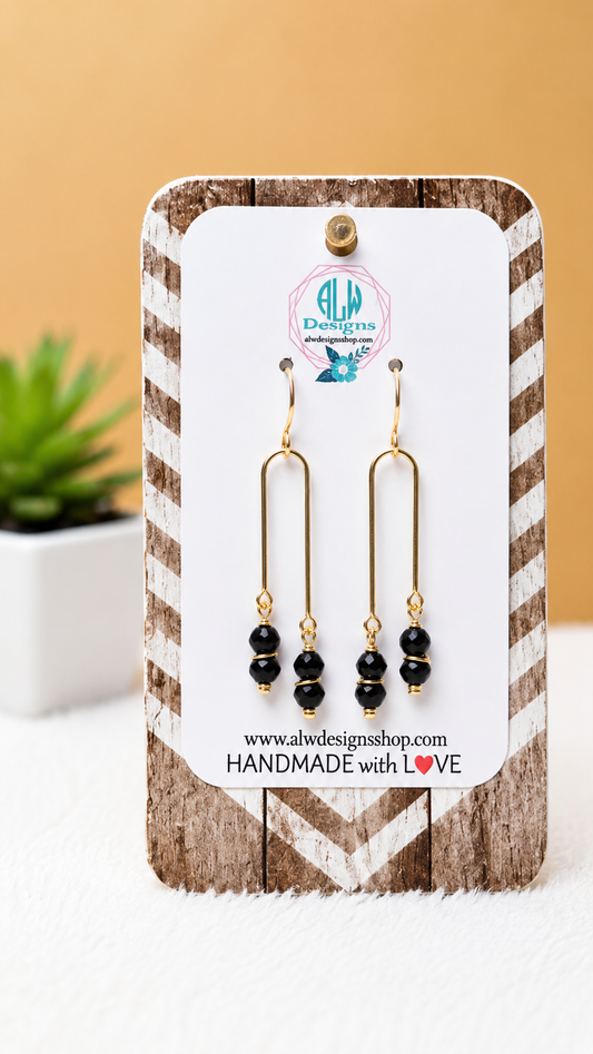 Handmade Black Onyx Beaded Gold Dangle Earrings