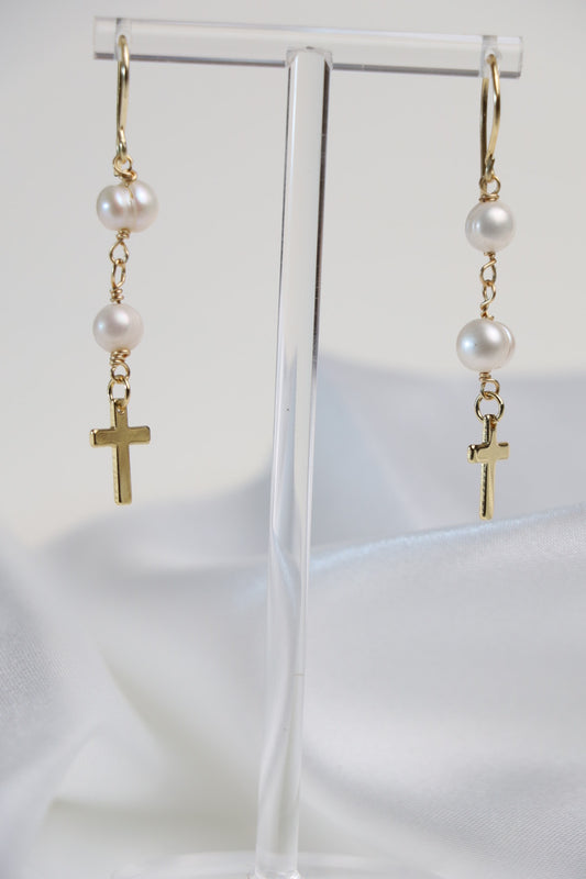 Faithful Cultured Pearl Cross Dangle Earrings
