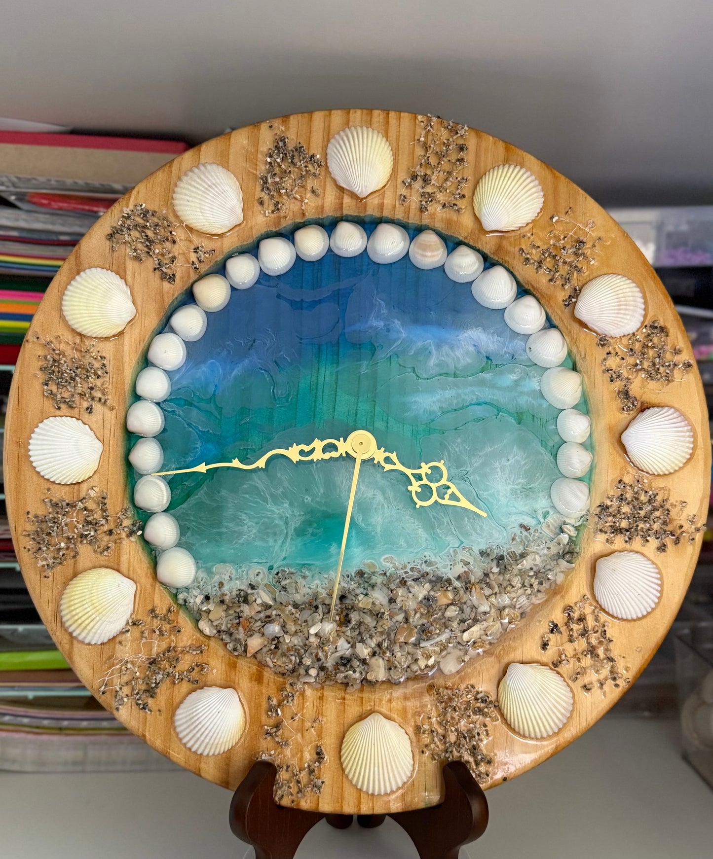 Wooden wall clock/epoxy resin/ sea shells wall clock/beach theme wall clock