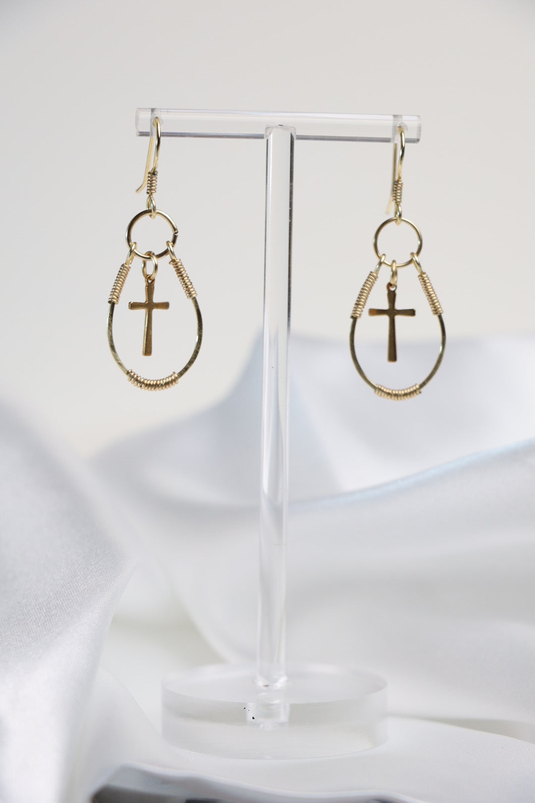 Golden Faith Wire-Wrapped Cross Earrings