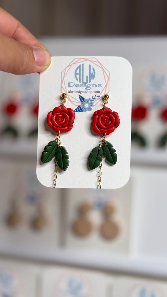 Rose Flower Earrings with Double Green Leaf Dangles – Handmade Polymer Clay Jewelry