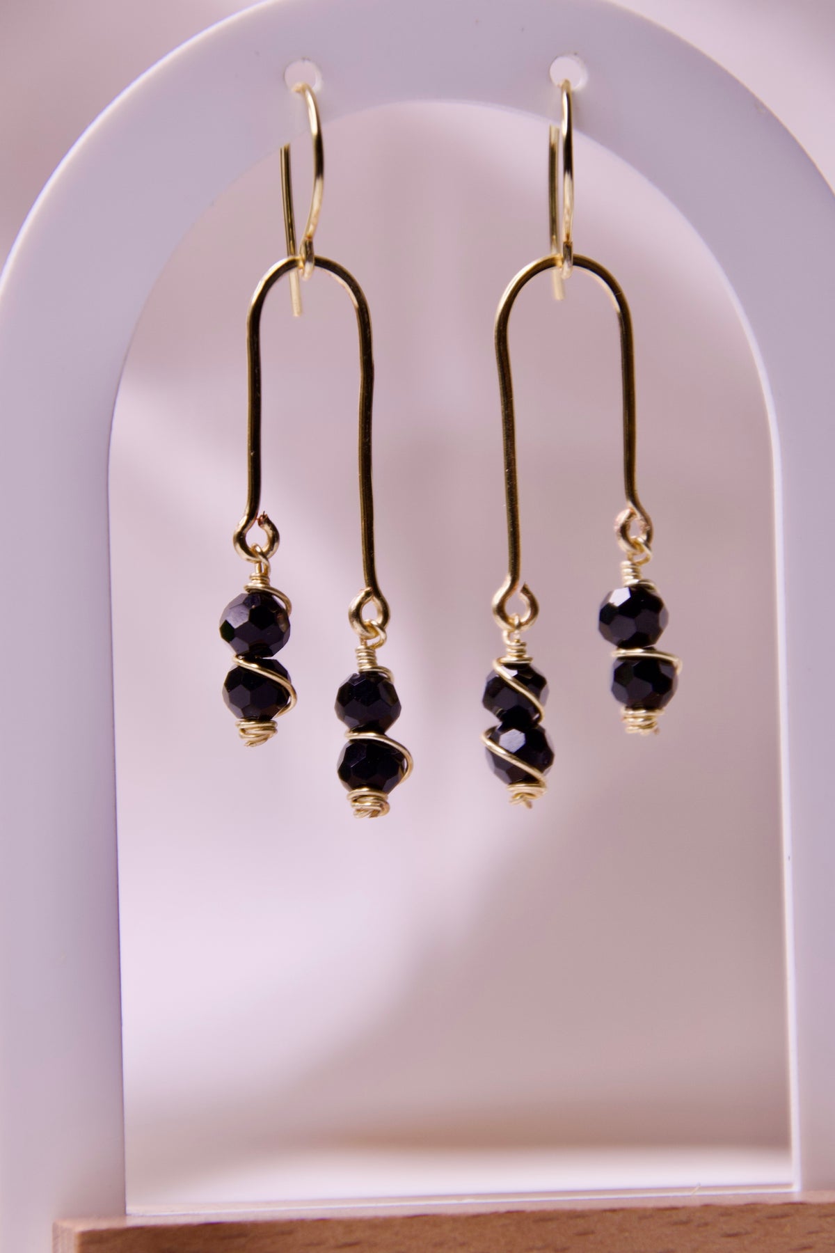 Handmade Black Onyx Beaded Gold Dangle Earrings