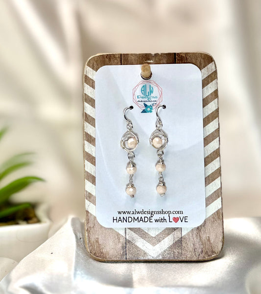 Elegant Ivory Glass Bead Wire-Wrapped Dangle Earrings | Handmade Hypoallergenic Silver Wire Earrings