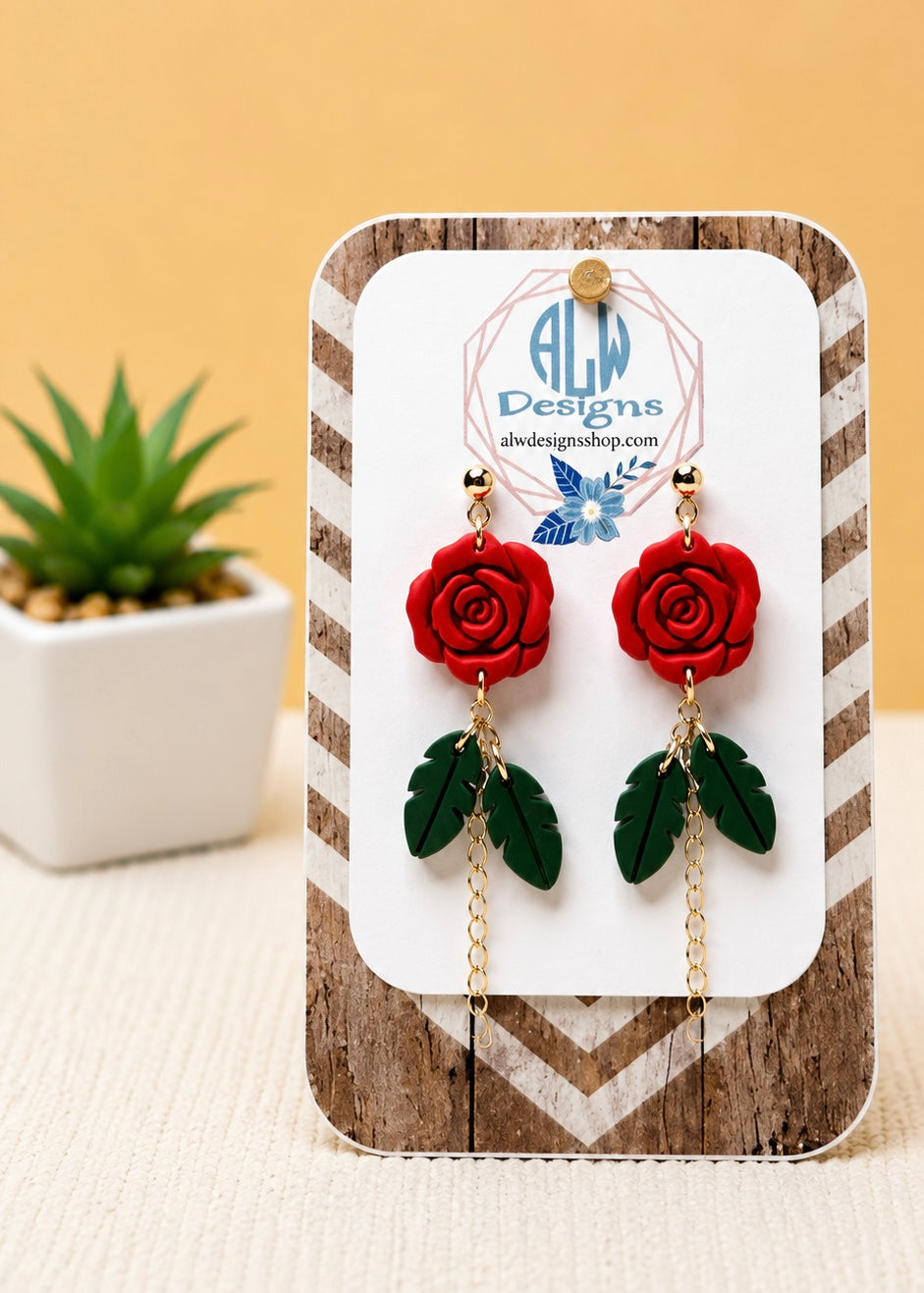 Rose Flower Earrings with Double Green Leaf Dangles – Handmade Polymer Clay Jewelry