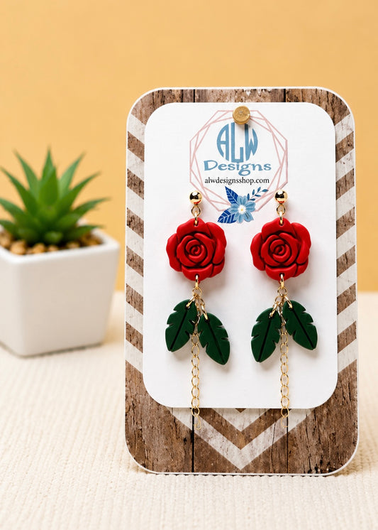 Rose Flower Earrings with Double Green Leaf Dangles – Handmade Polymer Clay Jewelry