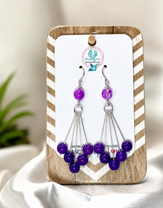 Purple Glass Bead Dangle Earrings | Hypoallergenic Non-Tarnish Silver Wire Earrings | Handmade Statement Jewelry