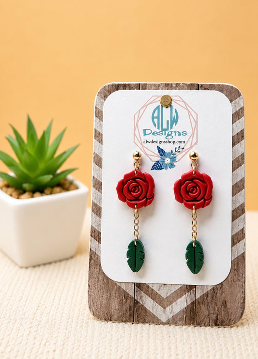 Minimal Red Rose Earrings with Leaf Drop – Floral Dangle Earrings