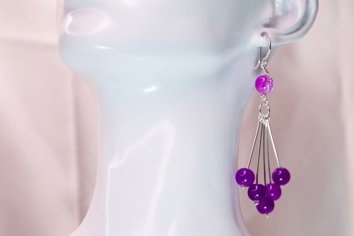 Purple Glass Bead Dangle Earrings | Hypoallergenic Non-Tarnish Silver Wire Earrings | Handmade Statement Jewelry