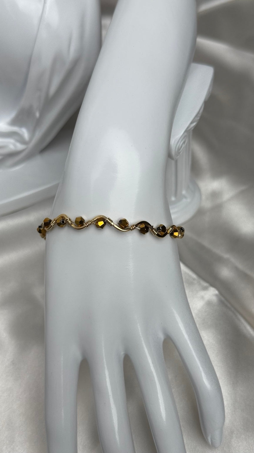 Handmade gold wire-wrapped bracelet with smoky brown crystal beads