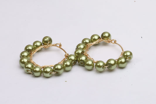 Olive glass pearl hoop earrings, wire wrap earring,gift for her.